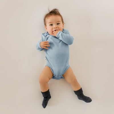 Baby Bodysuit, Long Sleeve, Merino Wool, Blue