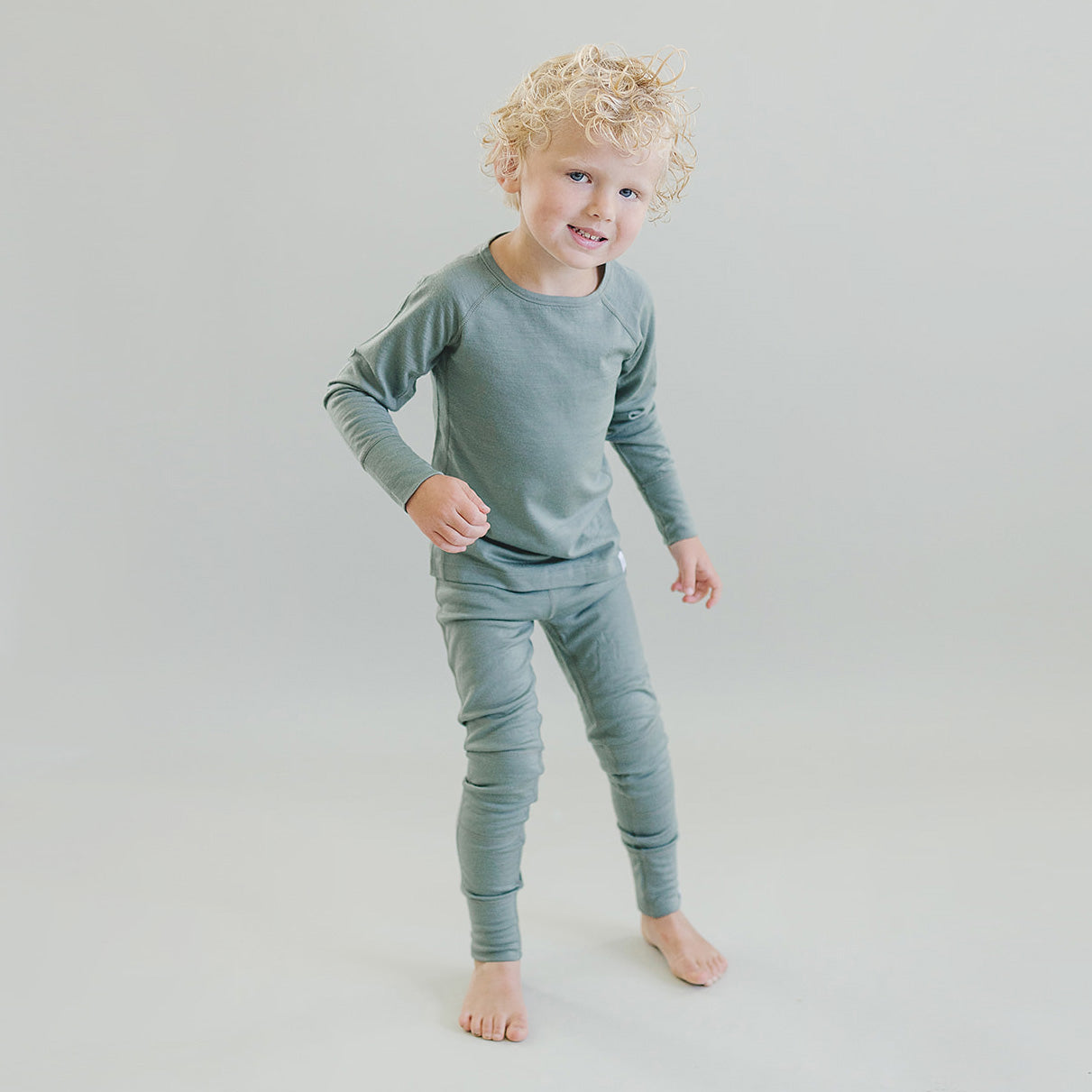 Kids Merino Wool Base Layer, Long Sleeve Top, Sage