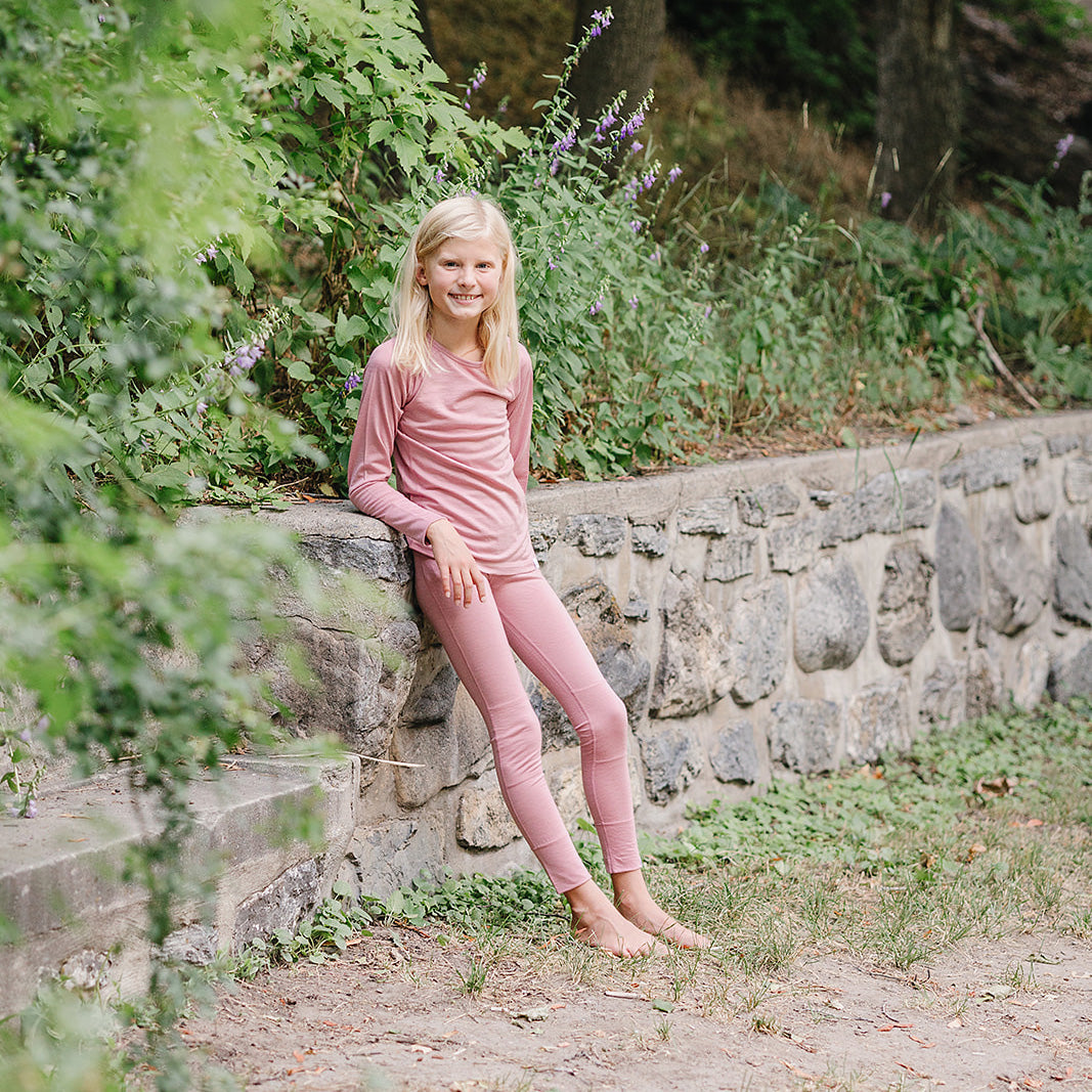 Kids Merino Wool Base Layer, Leggings, Blush Pink