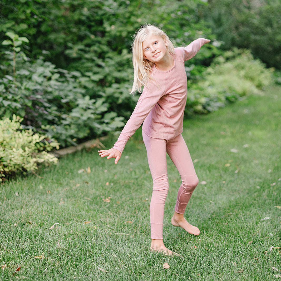 Kids Merino Wool Base Layer, Leggings, Blush Pink