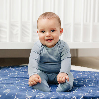 Baby Bodysuit, Long Sleeve, Merino Wool, Blue