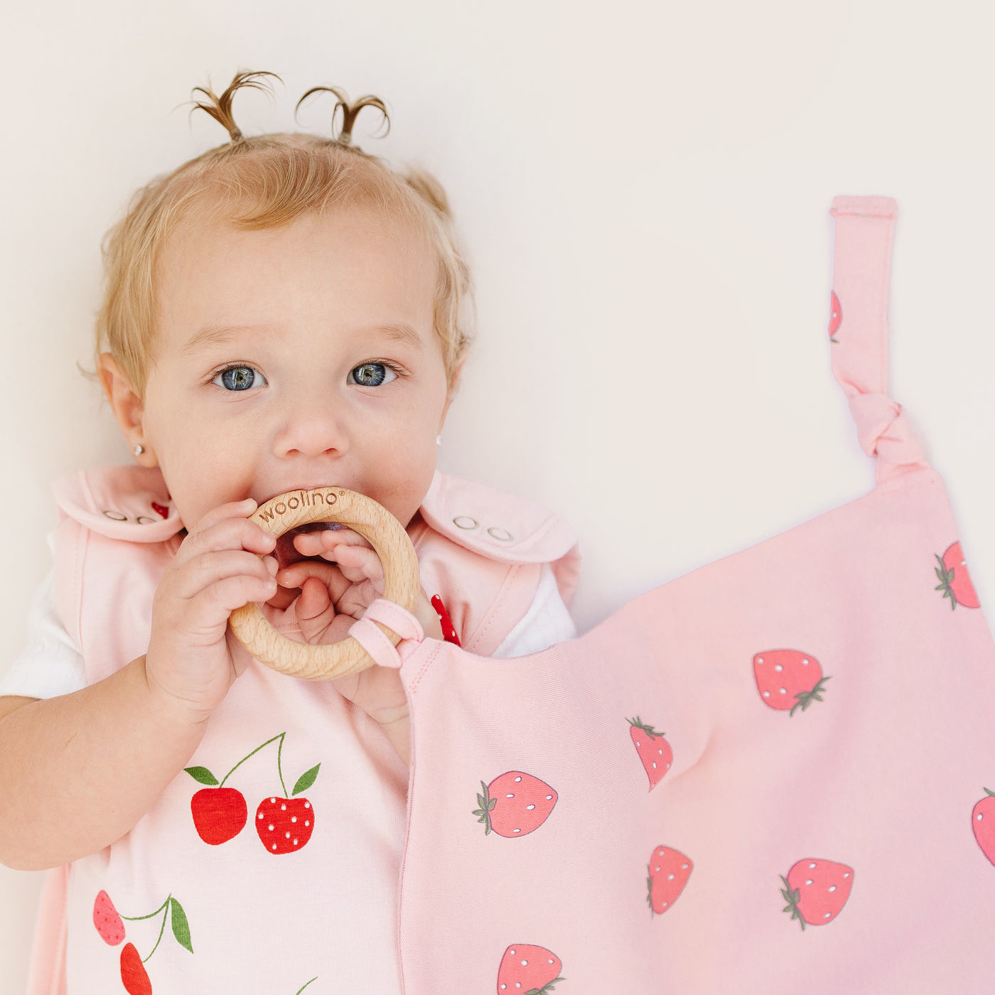 Lovey, Merino Wool and Organic Cotton with Removable Teething Ring, Strawberry