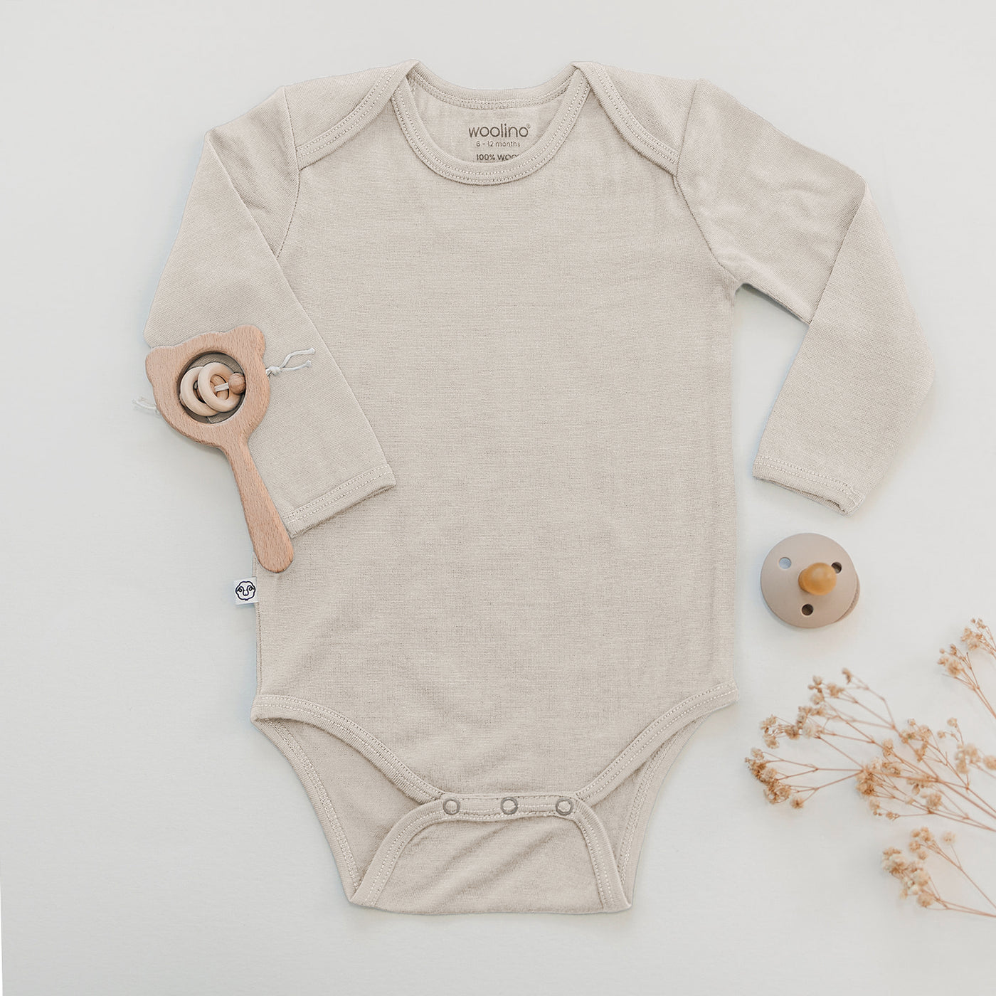 Baby Bodysuit, Long Sleeve, Merino Wool, Oat