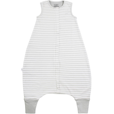 White and gray striped Woolino baby sleeping bag with legs on a white background