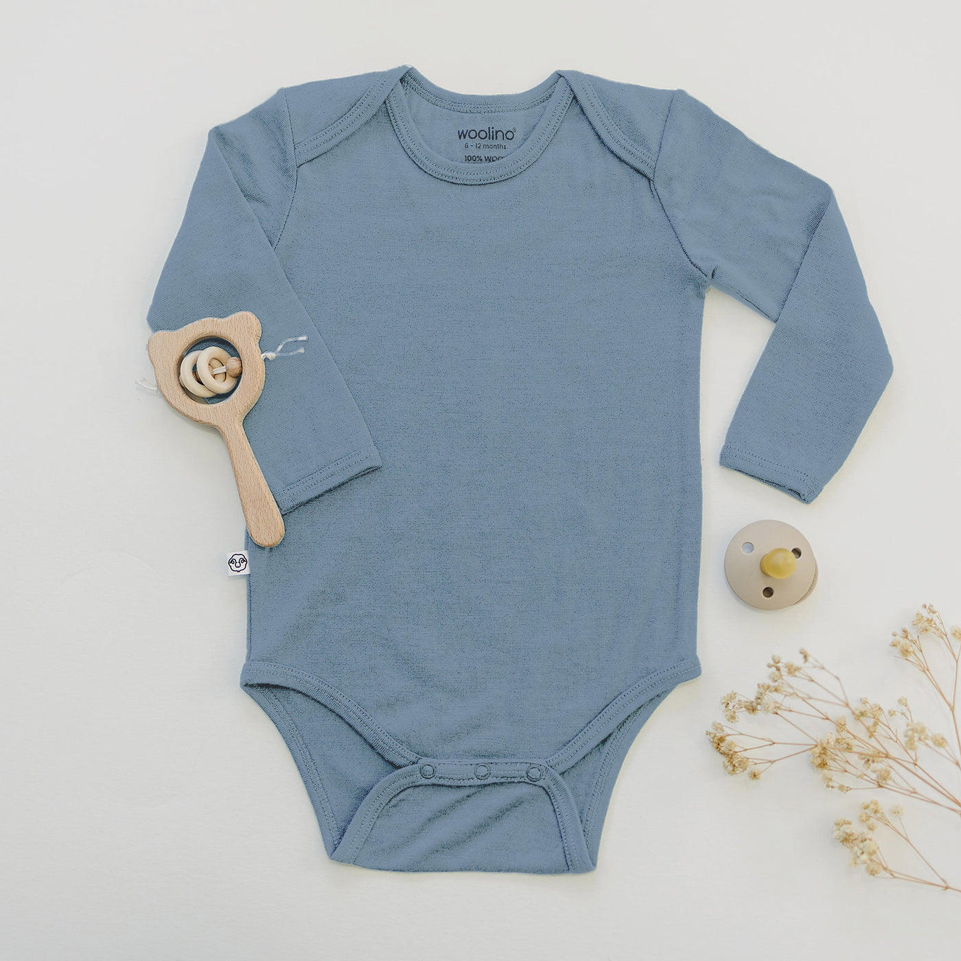 Baby Bodysuit, Long Sleeve, Merino Wool, Blue