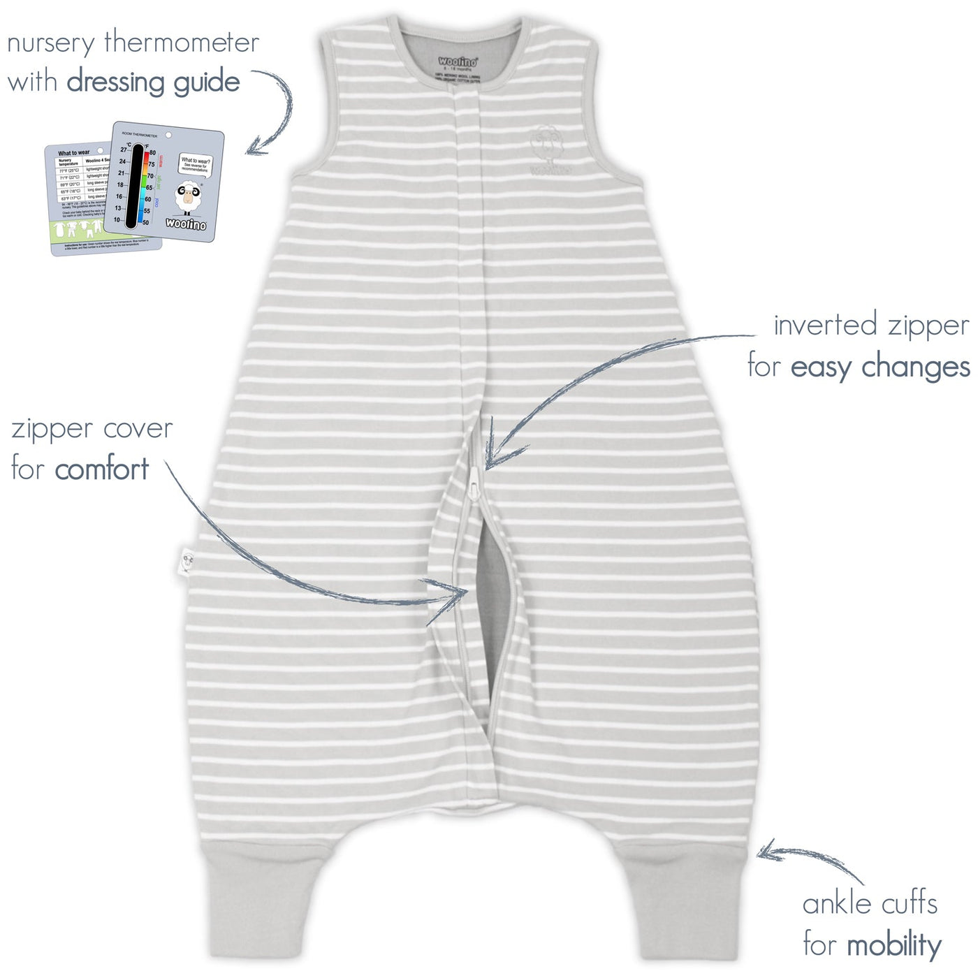 4 Season® Baby Sleep Bag with Feet, Merino Wool & Organic Cotton, Birch Gray